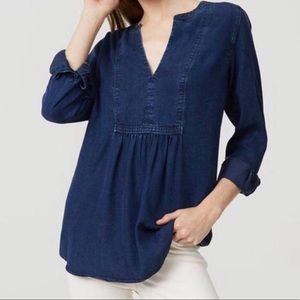 LOFT Softened Dark Wash Denim V Neck Blouse
